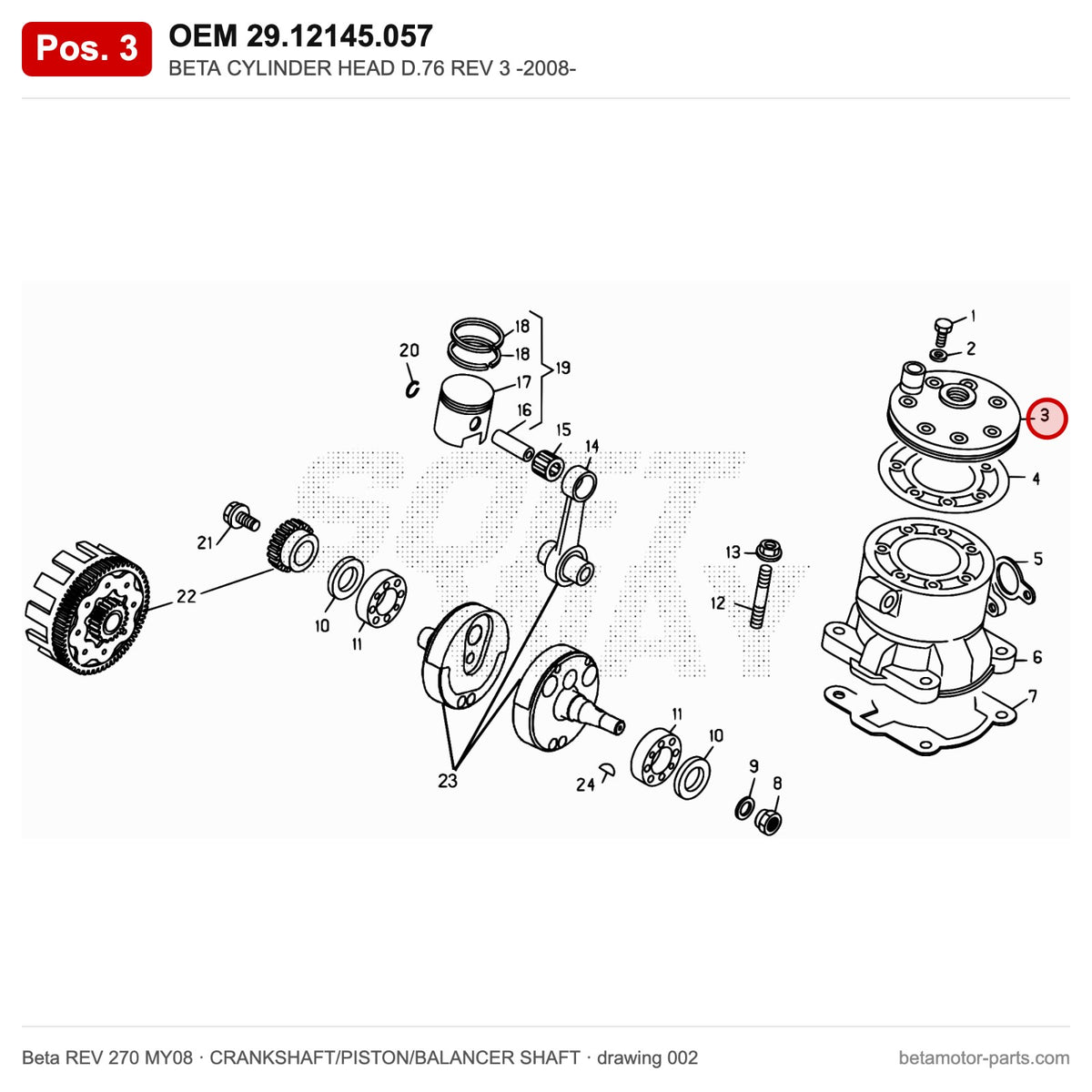 BETA CYLINDER HEAD D.76 REV 3 -2008- – OEM 29.12145.057, position 3 on the Beta REV 270 MY08 crankshaft/piston/balancer shaft drawing