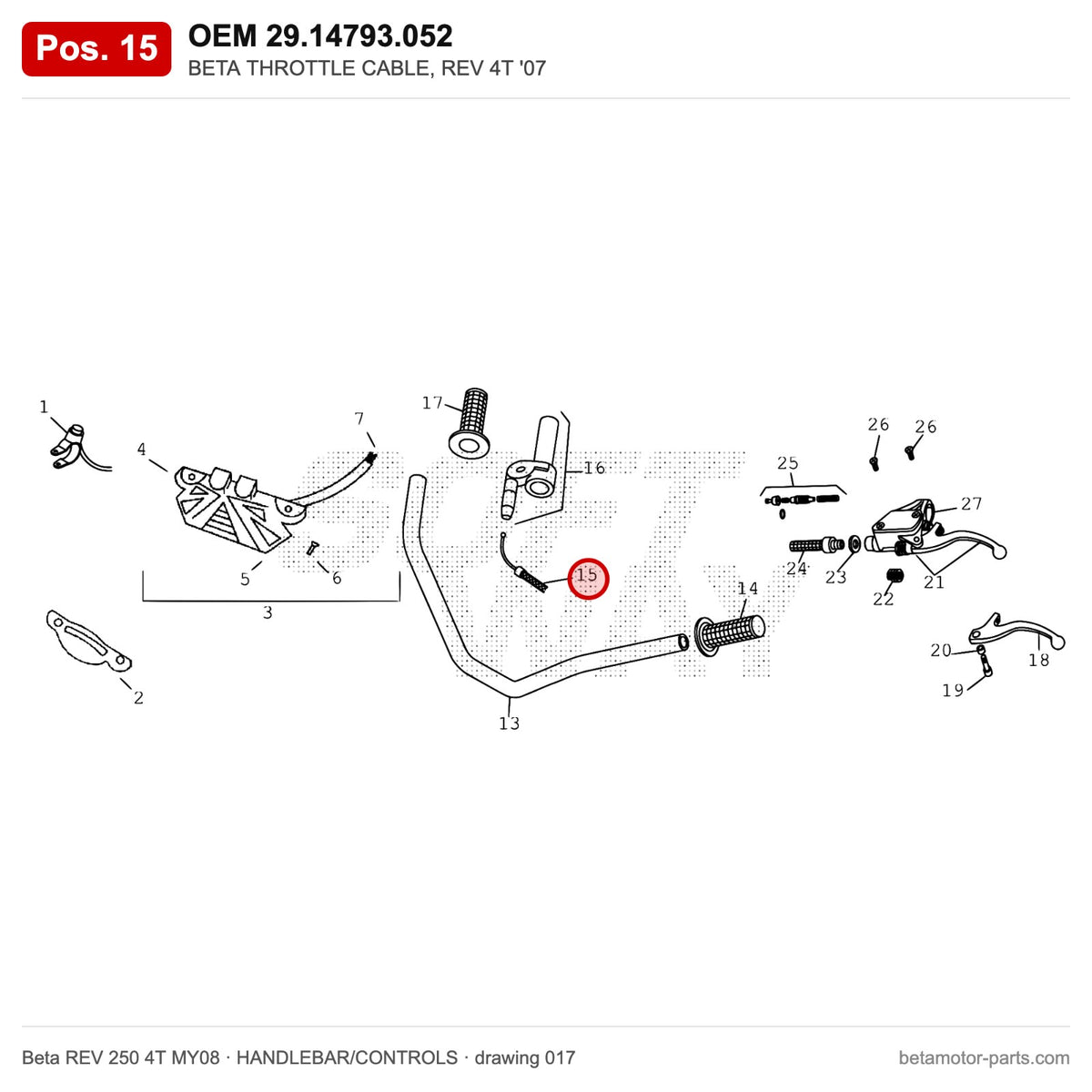 BETA THROTTLE CABLE, REV 4T '07 – OEM 29.14793.052, position 15 on the Beta REV 250 4T MY08 handlebar/controls drawing