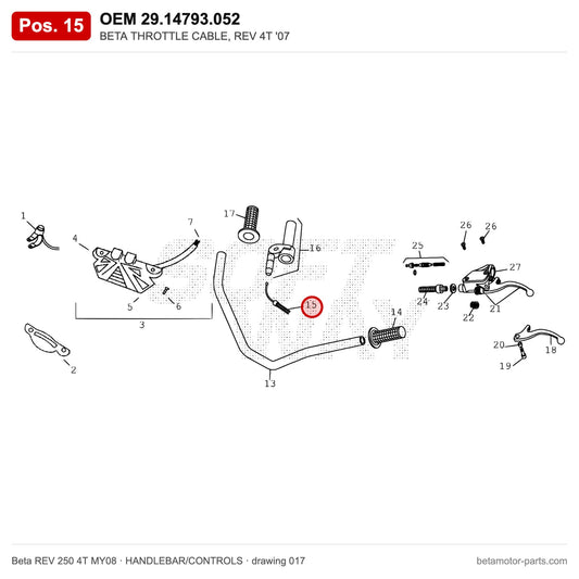 BETA THROTTLE CABLE, REV 4T '07 – OEM 29.14793.052, position 15 on the Beta REV 250 4T MY08 handlebar/controls drawing