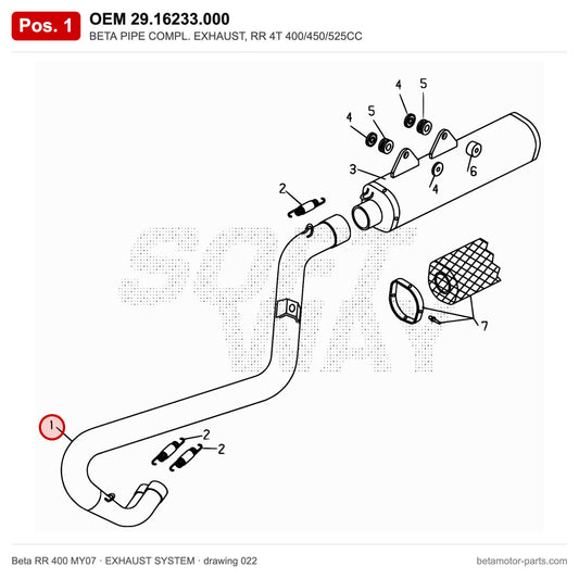BETA PIPE COMPL. EXHAUST, RR 4T 400/450/525CC – OEM 29.16233.000, position 1 on the Beta RR 400 MY07 exhaust system drawing