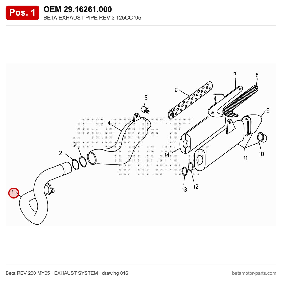 BETA EXHAUST PIPE REV 3 125CC '05 – OEM 29.16261.000, position 1 on the Beta REV 200 MY05 exhaust system drawing